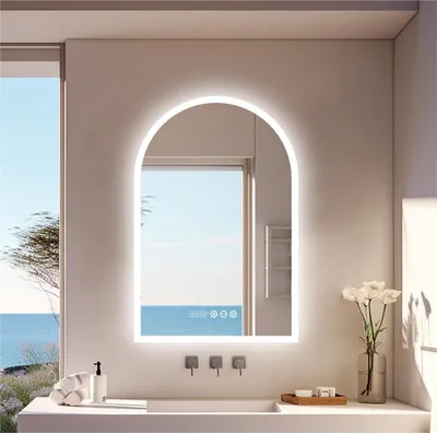 Image de Miroir de salle de bain, forme incurvée - 60x90 cm - Blanc mat - Éclairage LED - Anti-buée