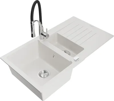 Produktbild von Mexen Matias 1,5-Becken-Granitspüle mit Abtropffläche und Mischbatterie Aster, Weiß - 6502-20-73450-07