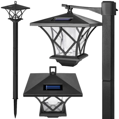A collage of three solar-powered garden lights against a white background.