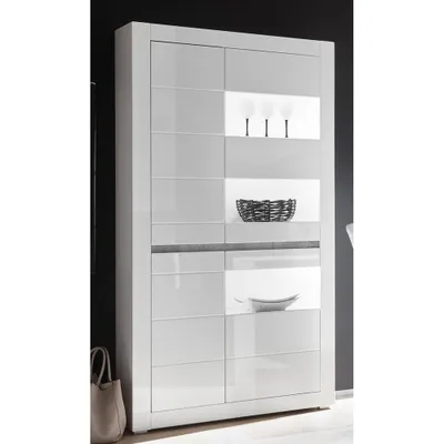 Produktbild von Moderne Vitrine mit Griffmulden in Betonoptik COGO-61 in weiß Hochglanz inkl. LED BxHxT: 100x198x35cm
