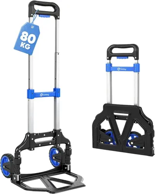 Image de Chariot pliant pour le transport de charges - Modèle SK1 - Capacité de charge : 80 kg - Structure en aluminium renforcée - Plateforme de chargement antidérapante - Réglable en hauteur - 2 cordes de fixation