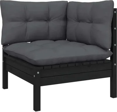 A corner section of a black wooden outdoor lounge set with dark gray cushions, shown against a white background.