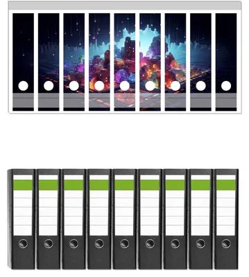 Produktbild von Wallario 9 Stück breite Ordner inkl. Klebeetiketten mit Motive Leuchtende Pixelstadt -  Set mit Rückenschildern / Ordnerrücken Stickern