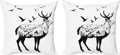 Immagine prodotto di ABAKUHAUS Set copricuscino animali (2 pezzi), scena di montagna e cottage con stampa a tema uccelli disegnata a mano, 40 x 40 cm, bianco nero