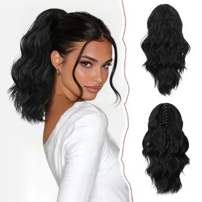Productafbeelding van Haarverlenging paardenstaart, klip, golvend, krullend, synthetisch haar, diepzwart, 35 cm