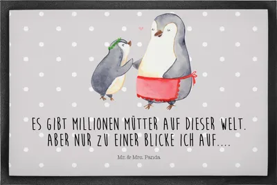 Produktbild von Mr. & Mrs. Panda Schmutzfangmatte Pinguin mit Kind 50 x 75 cm - Grau Pastell - Geschenk, Türvorleger, Mama, Familie, Muttertag, Fussmatte, Bodenvorleger, Vorbild, Mutter