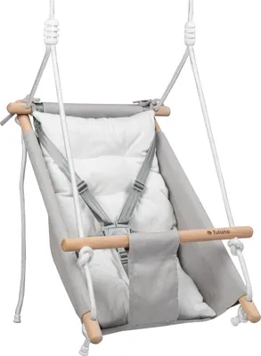 Produktbild von TULANO Hop 40 | Schaukel Kinderschaukel Babywippe Babyliegesitz 3in1 | 5-Punkt-Gurt | Tragfähigkeit bis 60kg | 6-36 Monaten | aus Holz | Grau Weiß