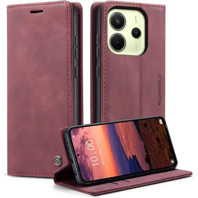 Obrázek produktu pro Obal na mobilní telefon, skládací, pro Xiaomi Redmi Note 14 4G, z umělé kůže, vínová barva, s kapsou na karty a funkcí stojánku