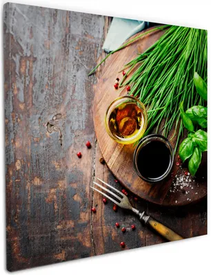 Produktbild von Wallario Premium Leinwandbild Kräuter, Öle und Gewürze auf einem Holzbrett in Größe 50 x 50 cm