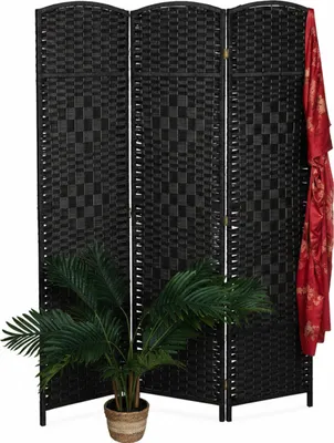 Zdjęcie produktu dla Parawan Relaxdays, wys. x szer.: 170 x 120 cm, składany parawan, 3-częściowa osłona zapewniająca prywatność, drewno, sznurek papierowy, czarny