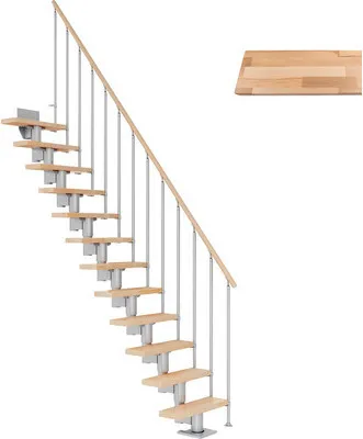 Produktbild von Pertura Mittelholmtreppe Spiros Buche Leimholz Perlgrau Gerade 65 cm 11 Stufen / 12 Steigungen Stabgeländer Grau (RAL 90