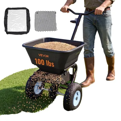 Produktbild von VEVOR Handgeführter Streuer, 3,66 m Streubreite, Schiebestreuer mit 13" All-Terrain-Reifen, einstellbare Durchflusskontrolle, 59 kg Fassungsvermögen, Rasenstreuer für Dünger, Saatgut, Eisschmelze, 100 lbs