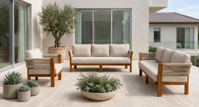 Immagine prodotto di Set da salotto per esterno, composto da un divano a 3 posti, una poltrona, colore beige, elegante, confortevole e moderno