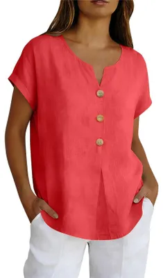 Image de T-shirt pour femme ASKSA, en mousseline, pour l'été, décolleté en V, fermeture à boutons, chemisier en lin, coupe ample, élégant, uni. (Couleur : orange-rouge, taille : L)