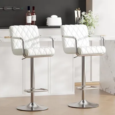 Immagine prodotto di Set di 2 sgabelli da bar, regolabili in altezza, girevoli a 360°, con braccioli e schienale, rivestiti in ecopelle, colore bianco