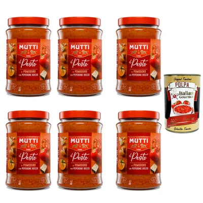 Produktbild von 6x Mutti Pesto arancione di pomodoro, -45% des Fetts, Pesto mit gelben Kirschtomaten, Mandeln und Pecorino -Käse 190g + Italian Gourmet polpa 400g
