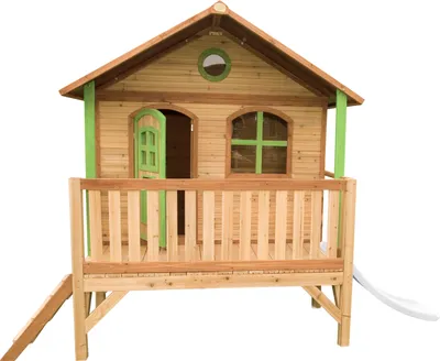 Produktbild von AXI Spielhaus Stef mit weißer Rutsche | Stelzenhaus in Braun & Grün aus Holz für Kinder | Spielturm für den Garten