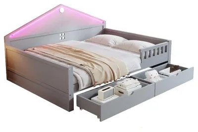 Productafbeelding van Jeugdbed 140x200 cm, grijs, gemaakt van grenenhout, multiplex en MDF, met LED-verlichting, 2 lades en een lattenbodem