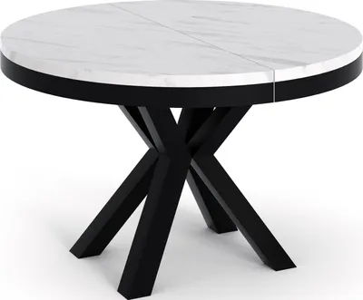 Produktbild von Runder Ausziehbarer Esstisch in Weißer Marmoroptik - Tisch im Loft-Stil mit Metallbeinen - Industrieller Tisch für Wohnzimmer - Spacesaver - Marmor Weiß - 100 bis 180 cm