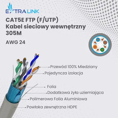 Zdjęcie produktu dla Extralink Kabel sieciowy skrętka CAT5E FTP (F/UTP) Wewnętrzny 305M, 305 m, Cat5e, F/UTP (FTP), Szary