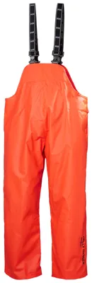 A pair of bright orange waterproof bib overalls.