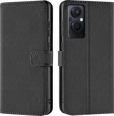 A black leather flip case for a smartphone is shown from the front and back.