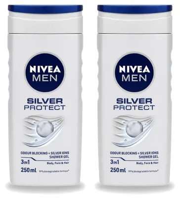 Immagine prodotto di 2 confezioni di gel doccia Nivea Men Silver Protect 3-in-1, 250 ml ciascuna - confezione - 2 pezzi