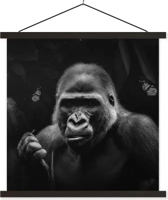 Produktbild von MuchoWow® Textilposter Tiere - Affe - Gorilla - Schwarz - Weiß 60x60 cm mit schwarzem Rahmen - Posteraufhänger