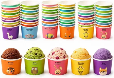 Zdjęcie produktu dla Papierowe kubeczki na lody z łyżeczkami, 35 wzorów z motywami zwierzęcymi, pojemność 165-180 ml, idealne na dziecięce imprezy