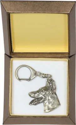 Zdjęcie produktu dla Doberman, Dobermann - posrebrzany brelok do kluczy z psem w pudełku prezentowym, ozdoba torebki, zawieszka do plecaka marki Art-Dog