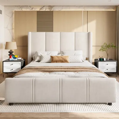 Image de LVHOM Lit rembourré 140x200cm avec USB et tête de lit haute, Lit double Mid Century avec sommier à lattes, Lit jeune avec cadre métallique, Cadre de lit velours, Beige