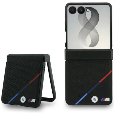 Produktbild von Handyhülle für Galaxy Z Flip8, BMW M Leather Perforated Tricolor Stripe Metal Logos mit MagSafe, Schwarz