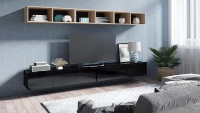 Produktbild von All4All Wohnwand 300 cm , Wohnzimmer Möbel , Modern Schrankwand , Tv Wohnwand , Schwarz &  Eiche Artisan 300 x  47 x 33 cm
