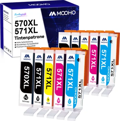 A product shot of multiple ink cartridges and their packaging.