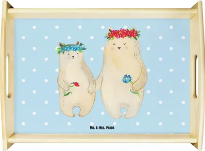 Produktbild von Mr. & Mrs. Panda Servier Tablett Bären mit Blumenkranz - Blau Pastell - Geschenk, Sofa, Muttertag, Deko, Bär, Dekotablett, Familie, Holztablett, serviertablett aus holz