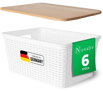 Produktbild von Novaliv 6er Set Aufbewahrungsboxen mit Holzdeckel Groß 14L Korb Weiß in Rattan Design Lebensmittelecht Aufbewahrungskorb Stapelboxen Nestbar Kunststoff BPA-frei Kiste Verstaubboxen mit Deckel