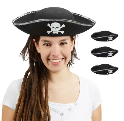 Piratenhut Set mit 4 Stück, Tricorn, Karneval, Kostümhut, Schwarz/Silber