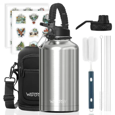 Produktbild von Isolierte Edelstahl Trinkflasche 1890 ml Doppelwand Vakuum Thermosflasche Silber mit 2 Deckeln