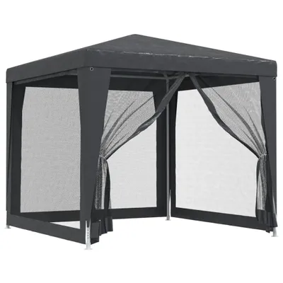 A dark grey party tent with mesh side walls is shown against a white background.