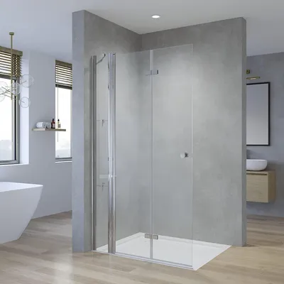 A modern bathroom with a shower enclosure.