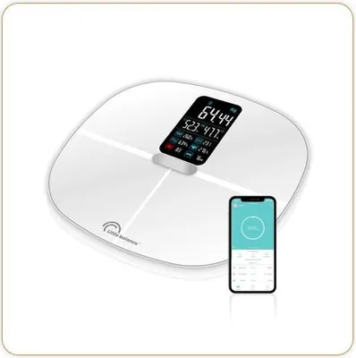 Produktbild von Personenwaage mit Körperfettwaage Little Balance, 180kg/100g, Bluetooth, XXL-Display, Körperanalyse 15 Daten, Weiß