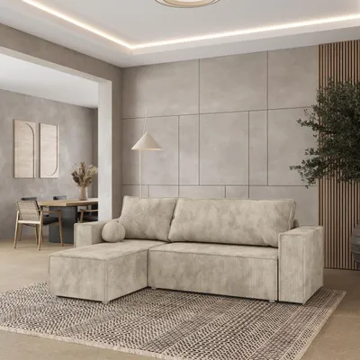 Produktbild von Masseno Ecksofa RAVELO P mit Schlaffunktion L-Form, Sofa mit Bettkasten, Wohnzimmersofa, Couch, Soffa, Bettsofa, Couchgarnitur- Creme, POSO 100