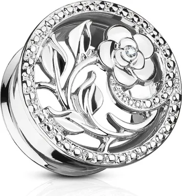 Produktbild von Flesh Tunnel Plug Edelstahl Blume Blüte Zirkonia Kristalle Ohr Piercing Ohrstecker Double Flared silber 12 mm