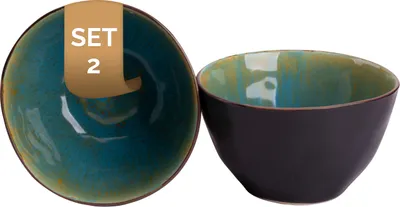 Produktbild von Palmer Lotus Schalen - 2er-Set, Steingut, Ø 15 cm, 1 L, Türkis teilglasiert, organische Form, für Dessert, Snack oder als Beilagen schale, stapelbar, spülmaschinenfest