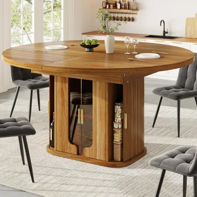 Immagine prodotto di Tavolo allungabile rotondo, trasformabile in ovale, con diametro da 118 a 158 cm, in legno di noce, per un massimo di 6 persone