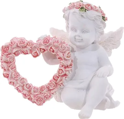 A white cherub figurine holding a heart made of pink roses.