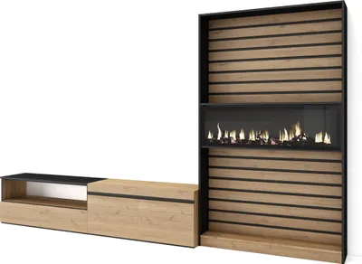 Produktbild von Wohnwand Wohnzimmer, 310x35x186cm, Für TV-Geräte bis zu 80", Elektrokamin XXL, Eiche und Schwarz