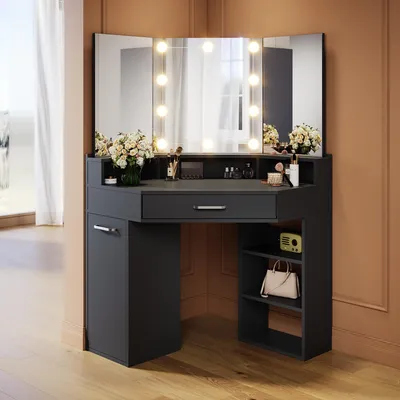 Produktbild von SONNI 141,5 x 54 x 111 cm  Schwarzer Schminktisch mit Schubladen, bewegliche Spiegel links und rechts  LED-Beleuchtung mit einstellbarer Helligkeit