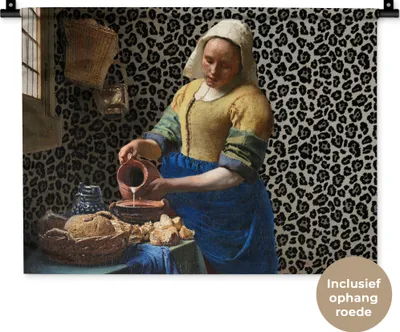 Produktbild von MuchoWow® Wandteppich Wandbehang Milchmädchen - Kunst - Pantherdruck - Vermeer - Gemälde - Alte Meister 60x45 cm Tapisserie Dekoration Wandtuch - Das Schlafzimmer