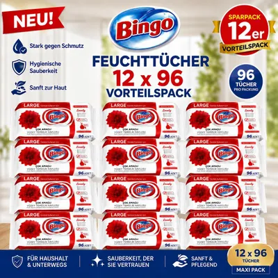 Immagine prodotto di Salviettine umidificate Bingo Lovely 12x96 fogli – Confezione grande – Salviettine detergenti